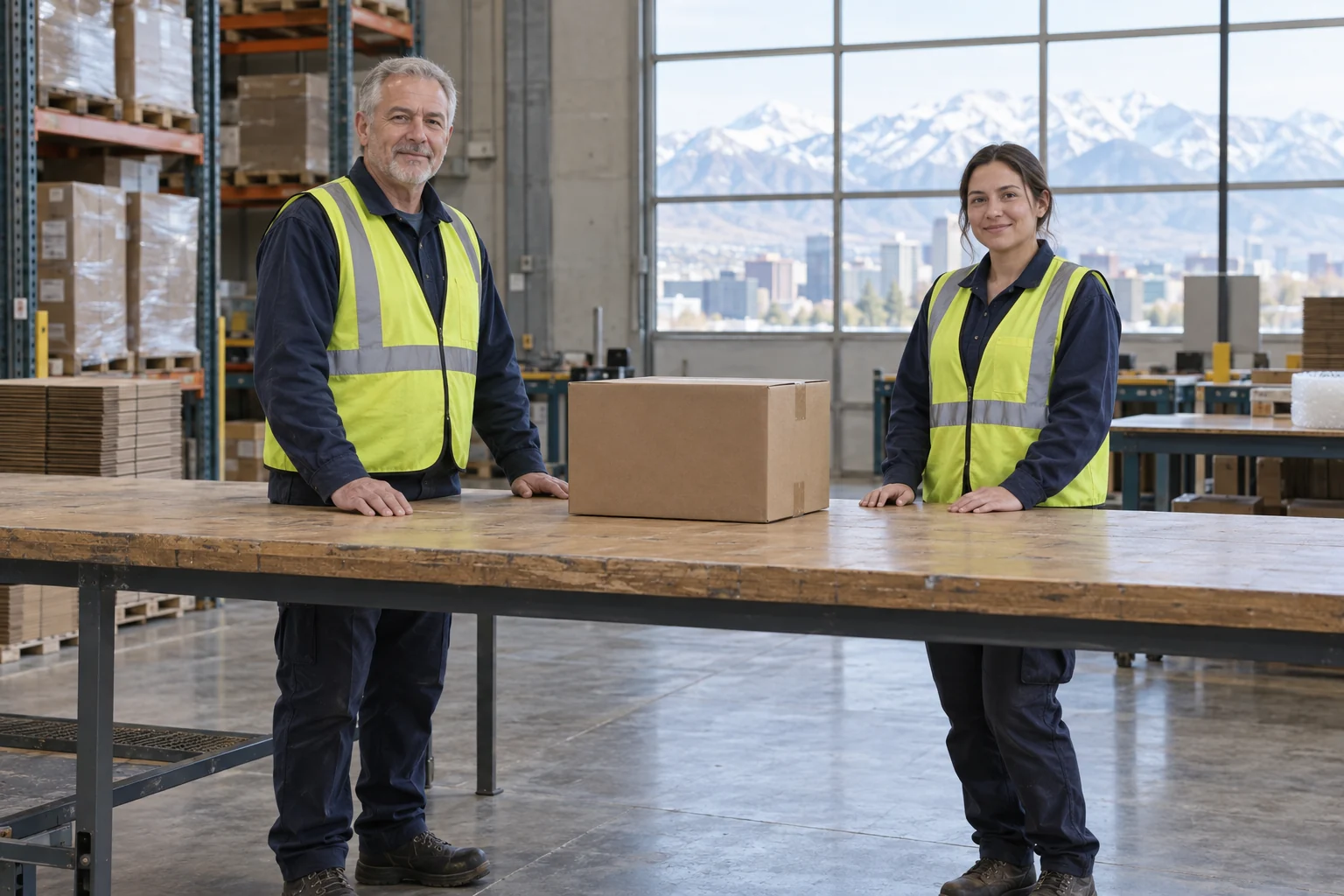 Two warehouse employees at a packing bench with a closed carton