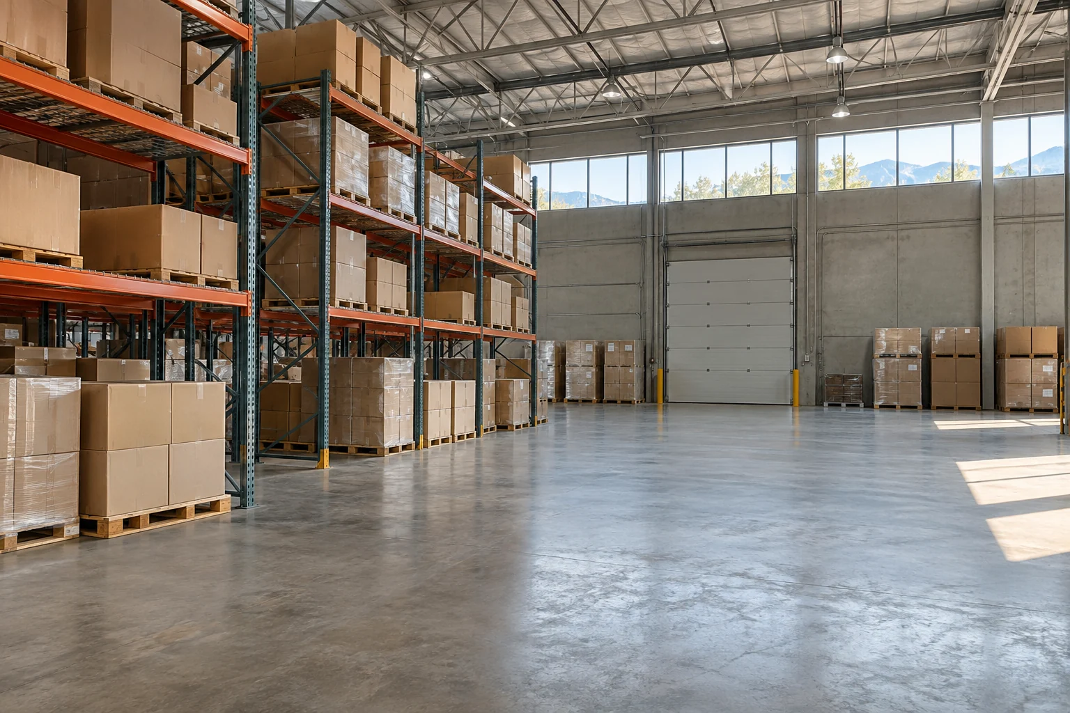 Warehouse shelving and an open working floor lit by high windows